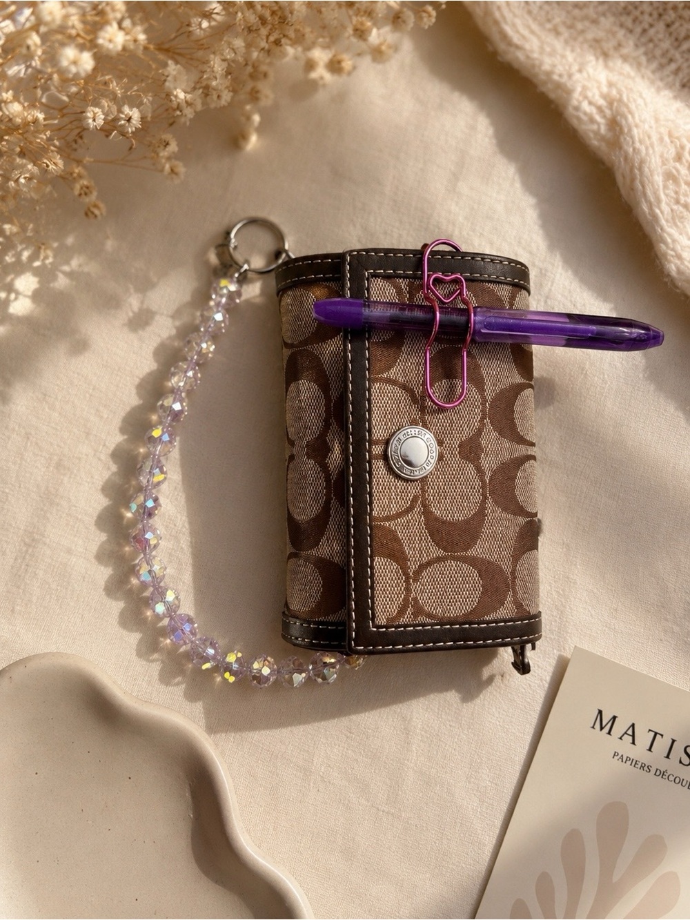 Coach Brown Signature Canvas Key & Card Holder with Crystal Beaded Strap